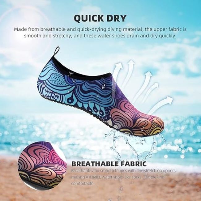 ATHMILE quick-dry aqua socks water shoes for adults and youth, breathable slip-on beach footwear