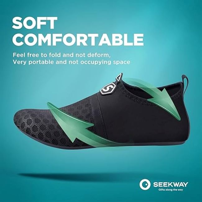 SEEKWAY SK001 quick-dry barefoot water shoes in black, slip-on aqua socks for beach, pool, and surfing