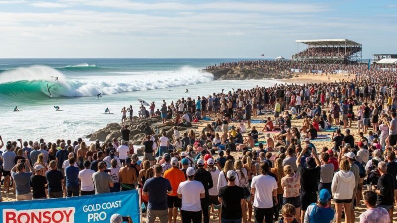 Crowds watching professional surfers compete at Snapper Rocks during the Bonsoy Gold Coast Pro in Queensland, Australia