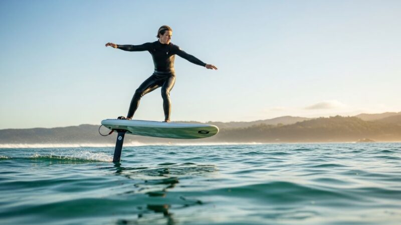 A beginner foil surfer rising above the water on a hydrofoil board in calm ocean conditions