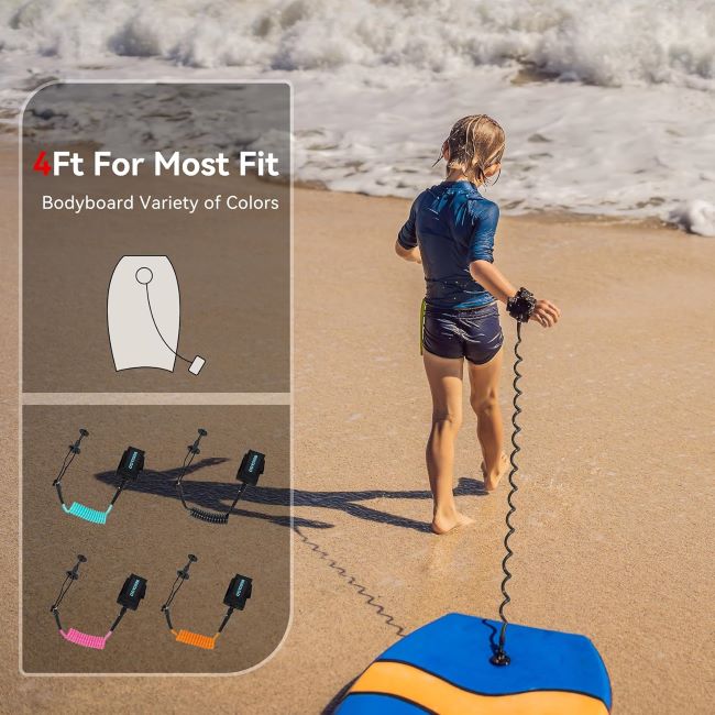 LINGVUM 4ft coiled bodyboard wrist leash with thick cord and plug for bodyboarding safety