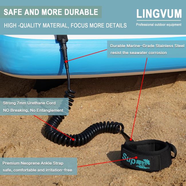 LINGVUM coiled SUP leash with ankle strap for paddleboard, surfboard, and longboard safety
