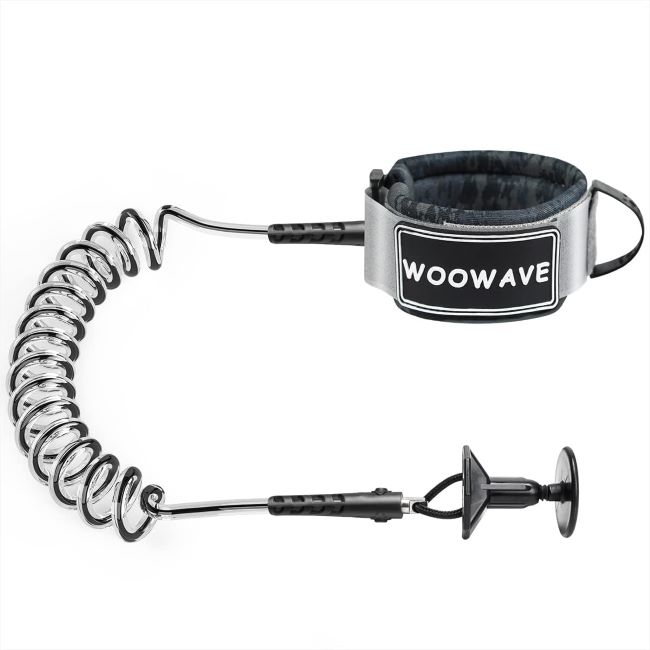 WOOWAVE coiled bodyboard leash with wrist strap and plug for reliable surf and bodyboard use