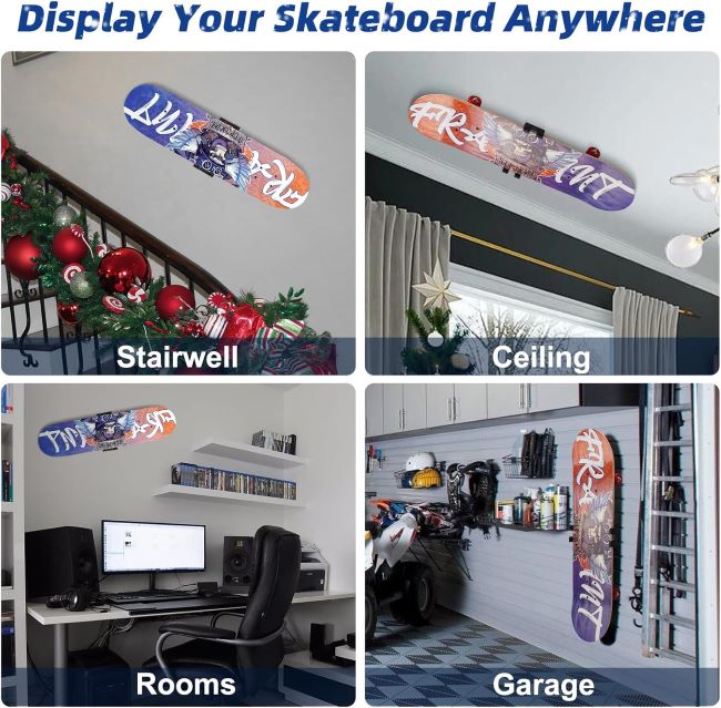 YIBEICO 360 rotating skateboard wall mount with adjustable floating display rack for easy grab storage