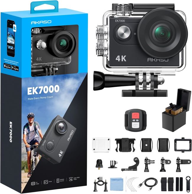 AKASO EK7000 4K action camera with 20MP, EIS stabilization, and 131FT waterproof housing for underwater and surfing footage