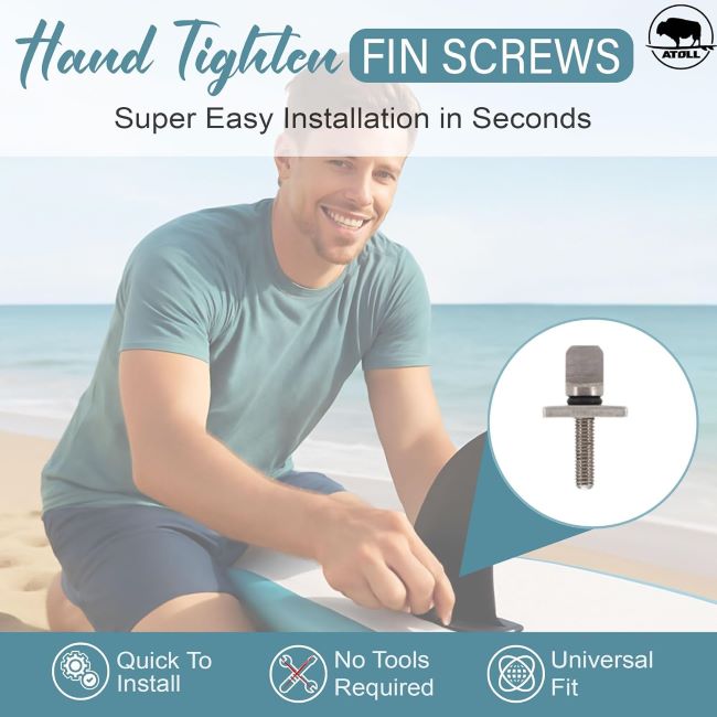 Atoll Boards universal fin screws with thumb grip and stainless steel build for easy no-tool installation