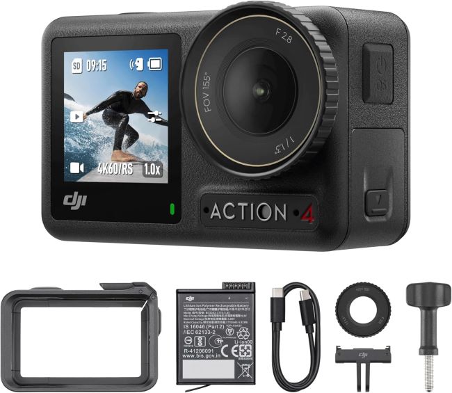 DJI Osmo Action 4 waterproof camera with 1/1.3" sensor, 4K/120fps video, low-light performance, and long battery life for vlogging and sports