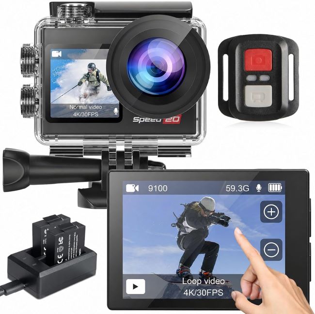 Hiicam 4K waterproof action camera with 20MP, 131FT underwater capability, EIS, wide-angle lens, and WiFi remote control