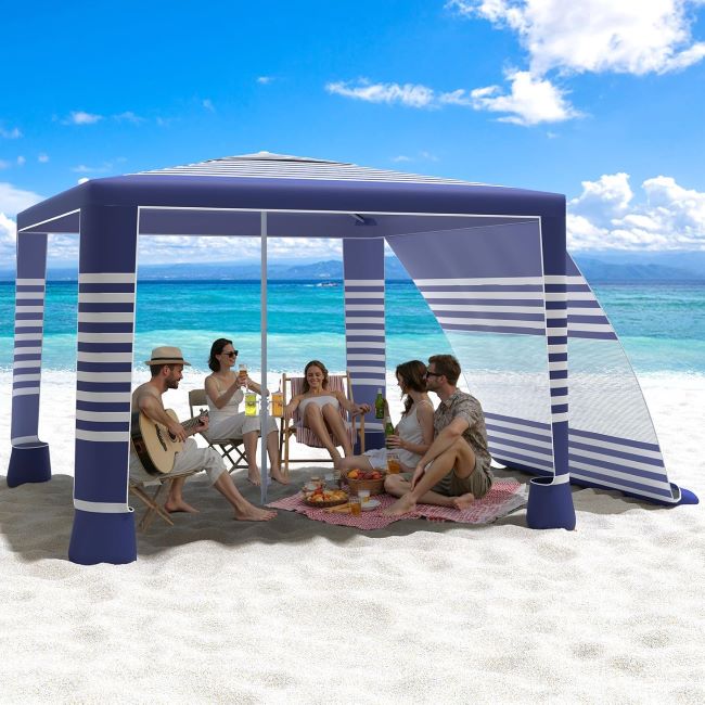 MoKo beach cabana with side wall, adjustable height, and UPF 50+ protection for family beach outings