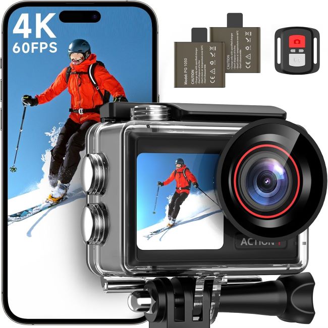 ODDV 4K 60FPS action camera with dual screens, 132FT waterproof design, EIS stabilization, and 5X zoom for underwater filming