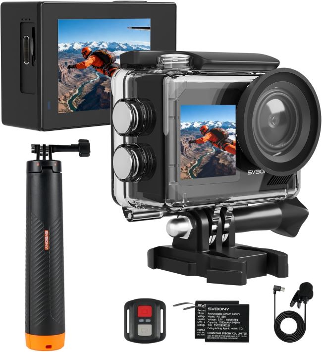 SVBONY SVGo2 4K underwater camera with dual touch screens, 50MP sensor, EIS 2.0, floating selfie stick, and snorkeling accessories