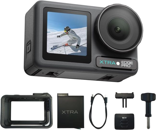 Xtra Edge Pro action camera with 1/1.3" sensor, 4K/120fps video, 216-minute battery life, and smart tracking for outdoor sports