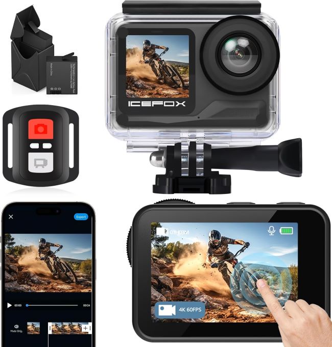 icefox 4K 60FPS waterproof action camera with EIS, 20MP sensor, and WiFi remote control for swimming, diving, and cycling