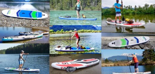 Different inflatable paddle boards displayed for beginners learning paddle boarding