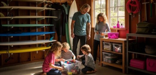 Wall-mounted surf storage rack holding boards and accessories for tidy organization