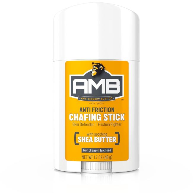 Anti Monkey Butt anti-chafing stick with shea butter and almond oil, designed for thigh friction relief and all-day skin comfort
