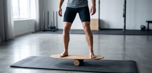 Beginner practicing safely on a surf balance board indoors