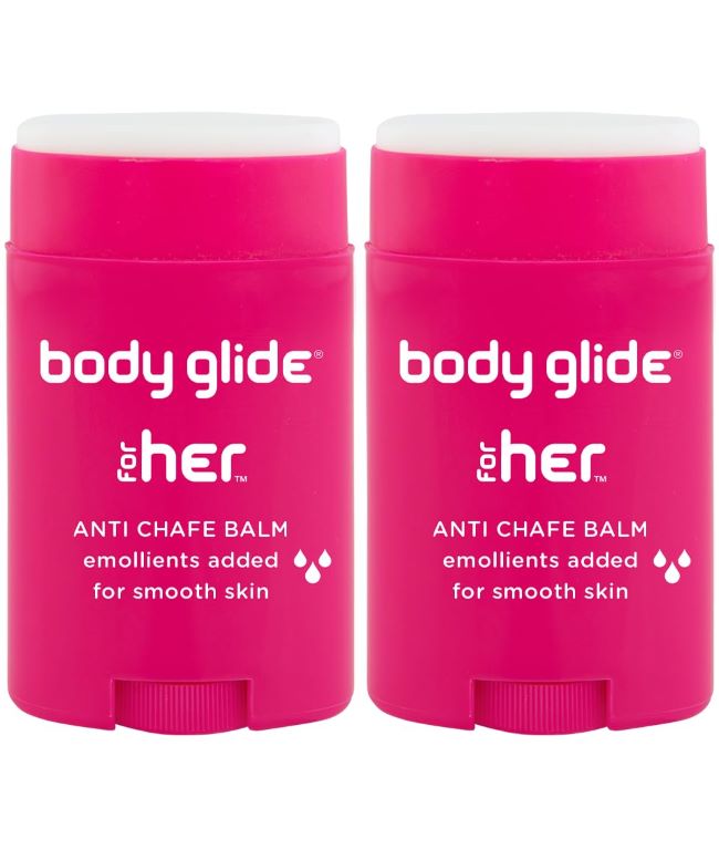 Body Glide For Her anti-chafing balm stick with added emollients for sensitive and dry skin, providing friction protection for thighs, chest, and bra areas