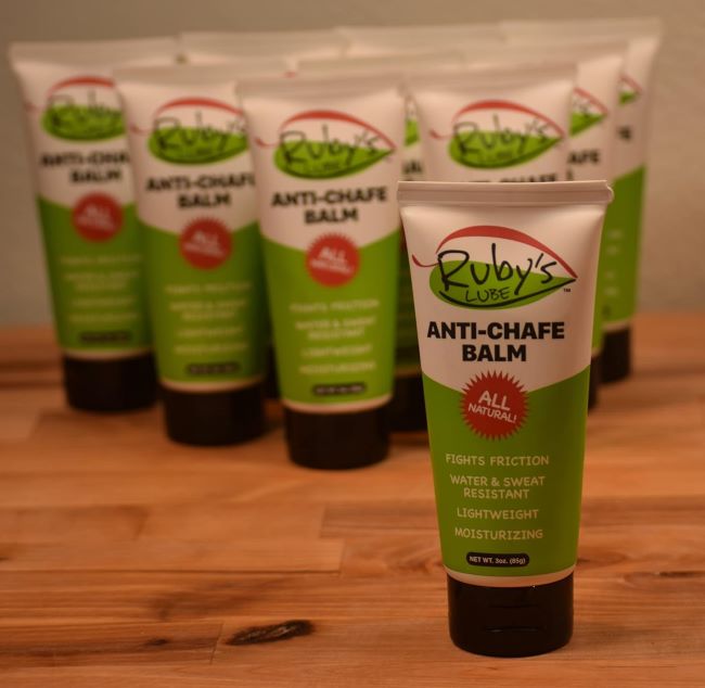 Ruby’s Lube all-natural anti-chafing balm tube, sweat and water resistant, designed for triathlons, marathons, cycling, and endurance sports