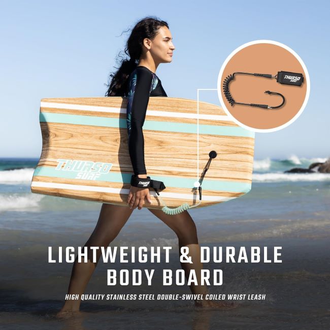 THURSO SURF Quill 42-inch bodyboard with EPS core, IXPE deck, HDPE slick bottom, crescent tail, and coiled wrist leash for surfing practice