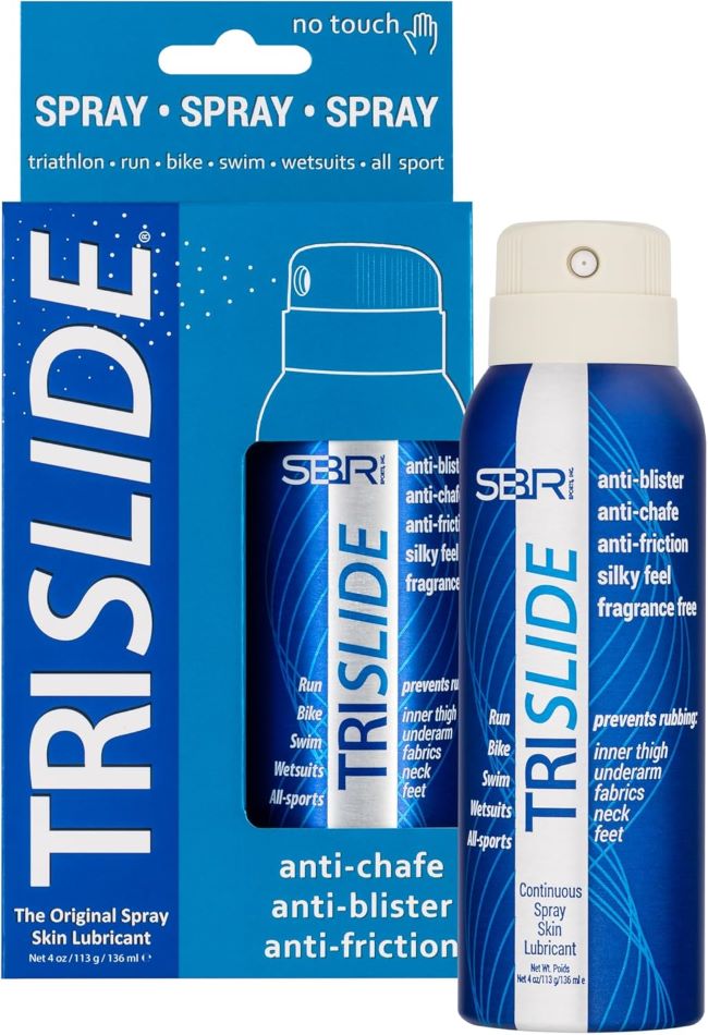 TRISLIDE anti-chafe continuous spray lubricant for skin protection, helping prevent blisters and friction during sports and endurance activities