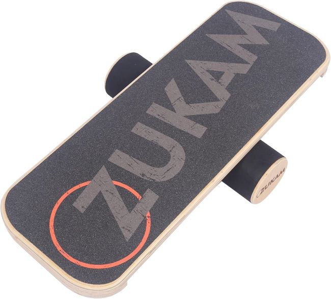 ZUKAM wooden balance board trainer with workout guide for core stability training, suitable for surf, skate, hockey, and snowboard practice