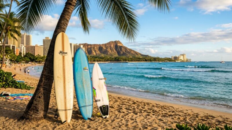 Three surfboards standing against a palm tree on a Hawaiian beach.