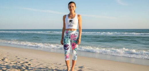 Woman walking on the beach in capri leggings offering sun protection and movement comfort