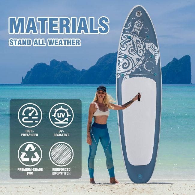 FEATH-R-LITE lightweight inflatable SUP with adjustable paddle, pump, leash, and carrying bag