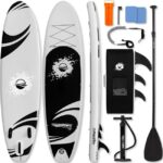 SereneLife inflatable SUP with adjustable paddle, pump, leash, and carrying backpack