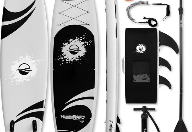 SereneLife inflatable SUP with adjustable paddle, pump, leash, and carrying backpack