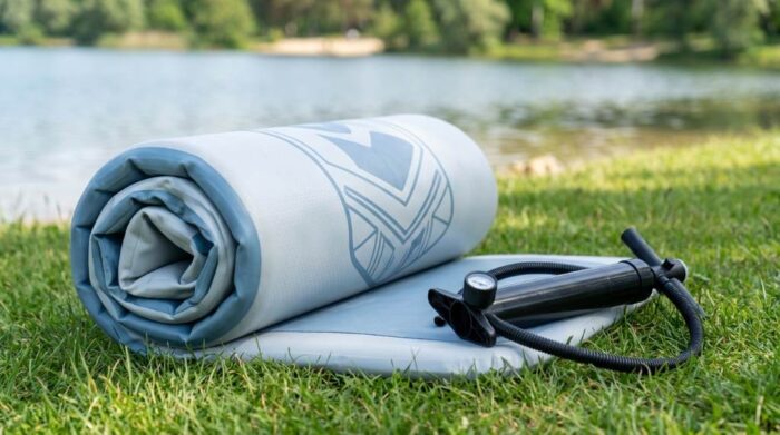 Fully inflated Skaddles paddle board ready for water
