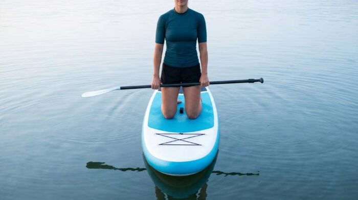 Niphean paddle board balance practice with bent knees